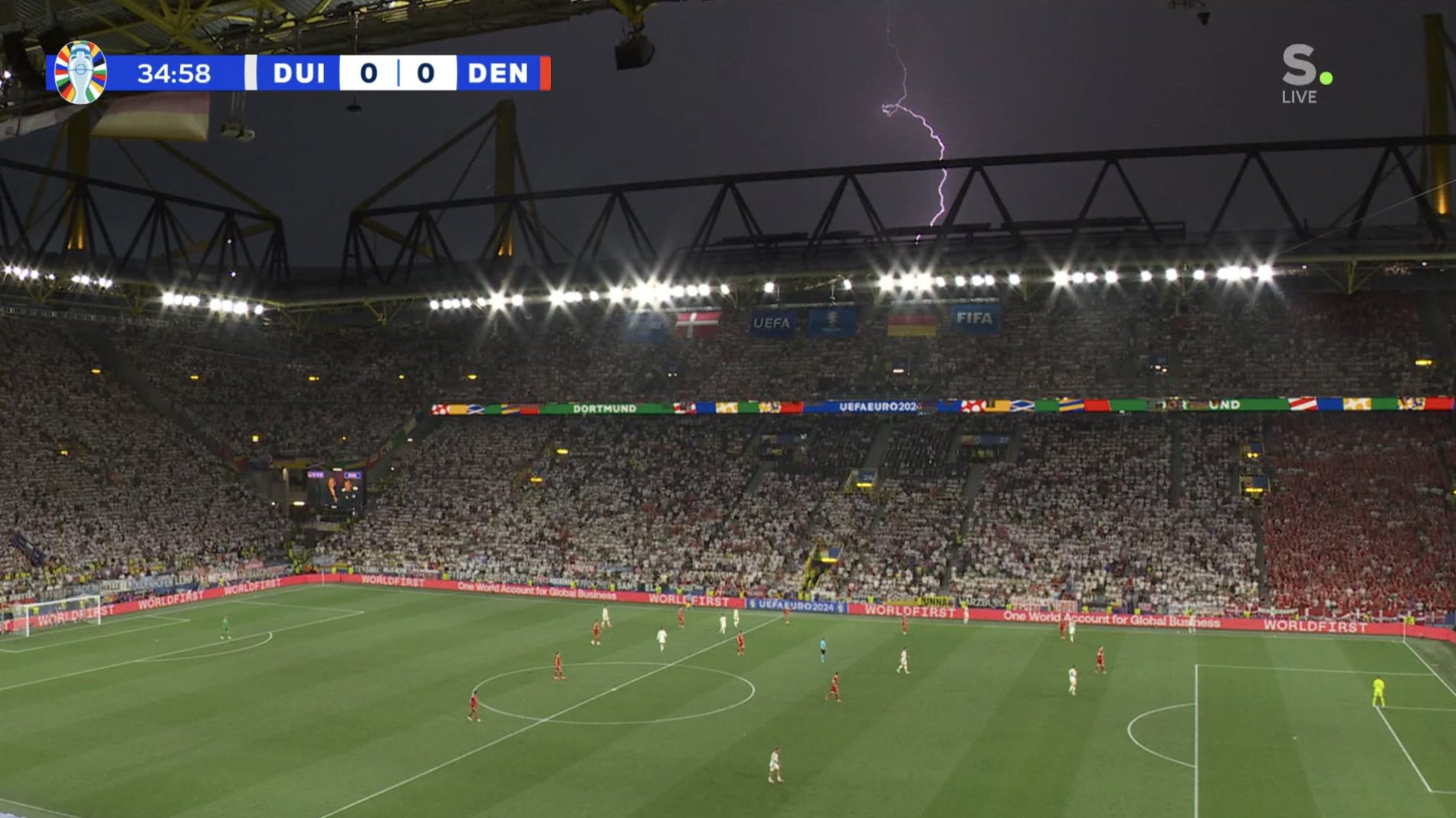 照片德国队与丹麦队的比赛因闪电和大冰雹而暂停